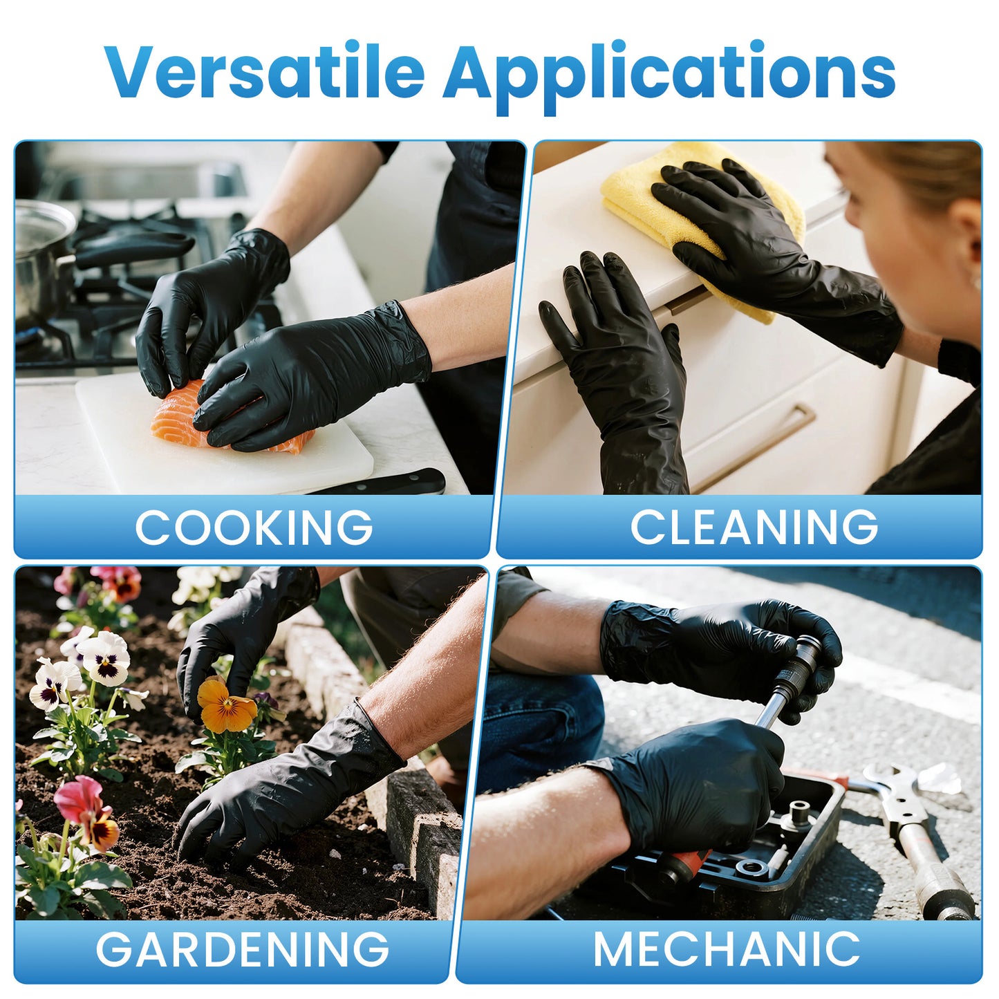 Borje® Black Nitrile Disposable Gloves, Latex & Powder-Free, Food Safe, Textured Fingertips, Cleaning