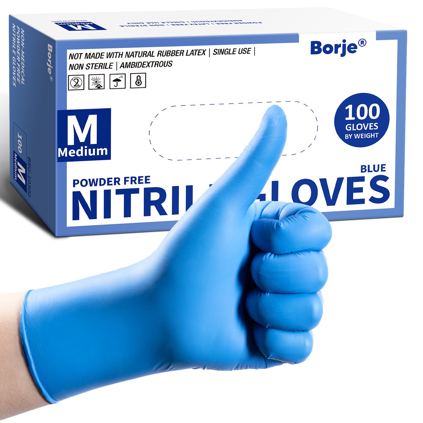 Borje® - 100 Pcs Nitrile Disposable Gloves, Blue, Latex & Powder-Free, Food Safe, Textured Fingertips