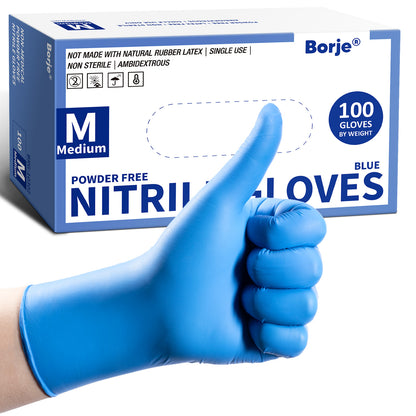 Borje® - 100 Pcs Nitrile Disposable Gloves, Blue, Latex & Powder-Free, Food Safe, Textured Fingertips