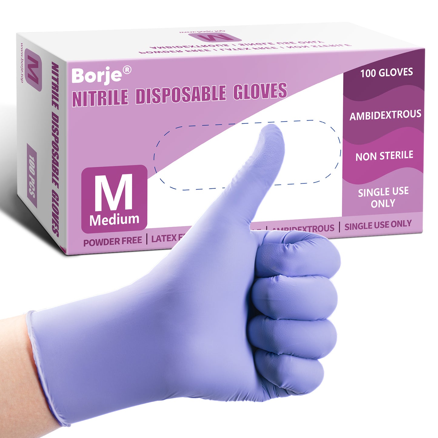 Borje® Nitrile Disposable Gloves, Iris Blue, Latex-Free, Powder-Free, Food Safe, Box of 100