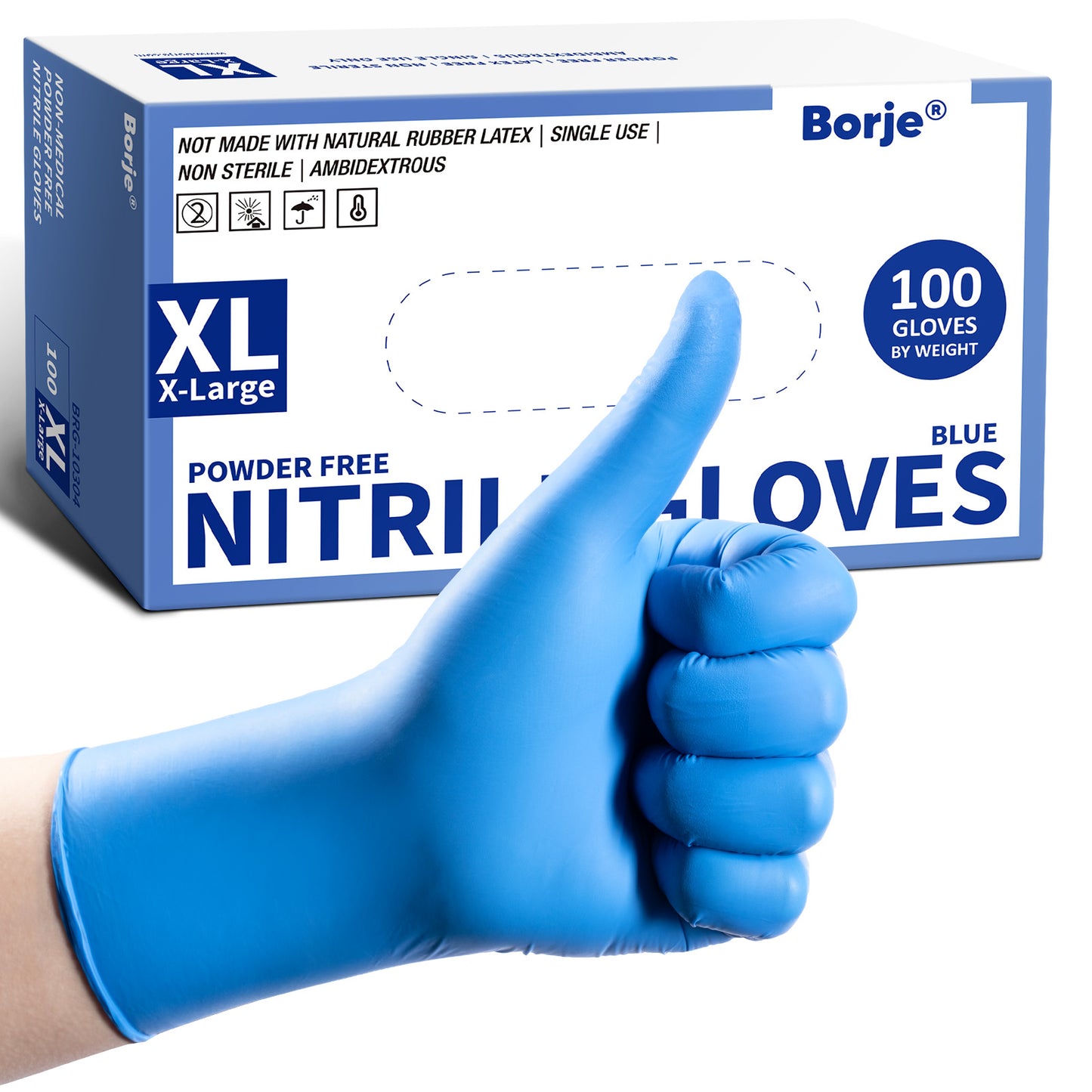 Borje® - 100 Pcs Nitrile Disposable Gloves, Blue, Latex & Powder-Free, Food Safe, Textured Fingertips